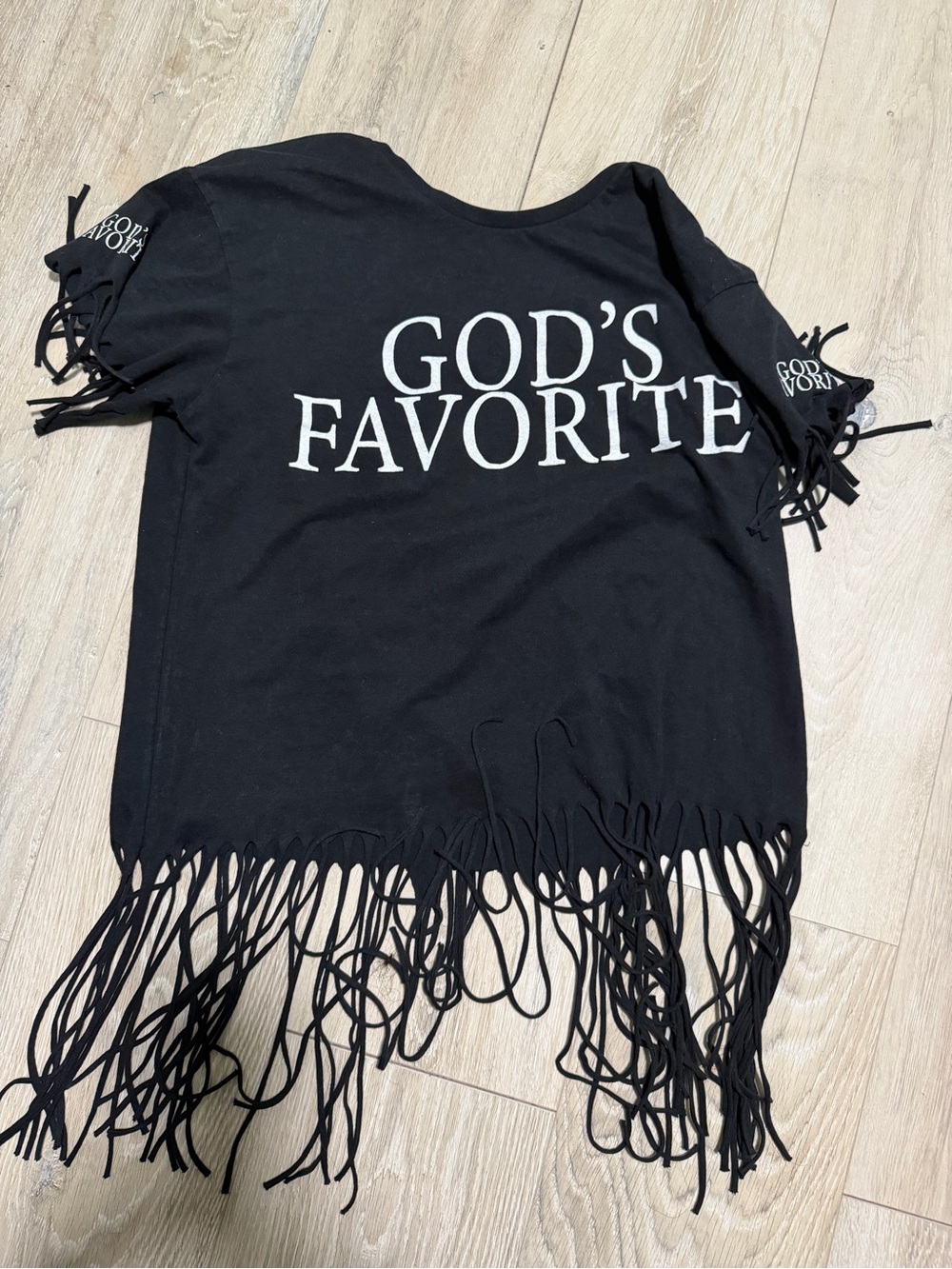 On Fire Black "GOD'S FAVORITE" Fringe Short Sleeve Tee